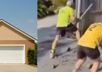 split screen of driveway and men smashing concrete driveway