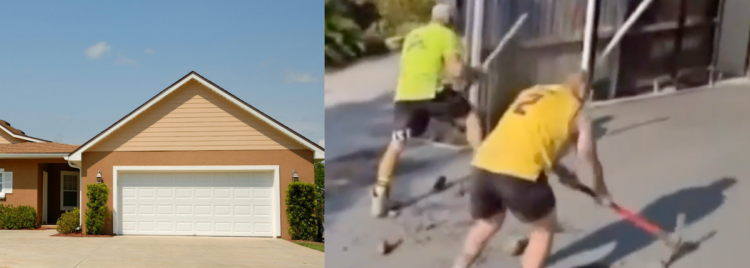 split screen of driveway and men smashing concrete driveway