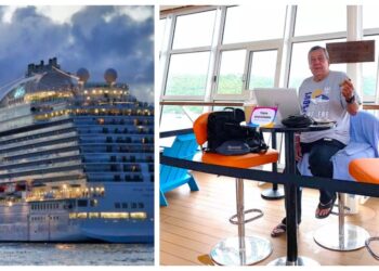 Cruise ship out on the sea and man on cruise ship