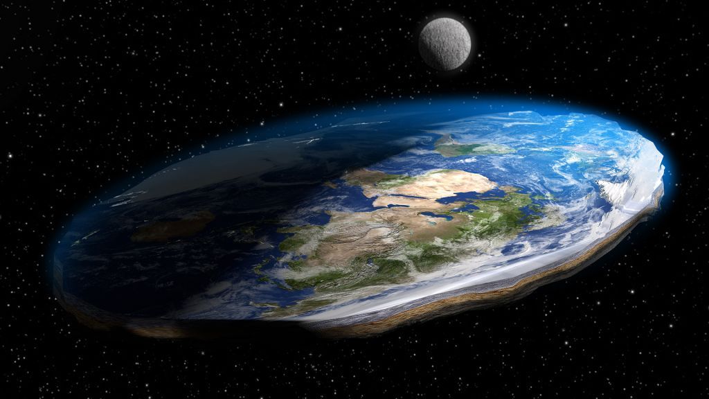 A flat Earth illustration showing a disk-like planet floating in space with the moon above.