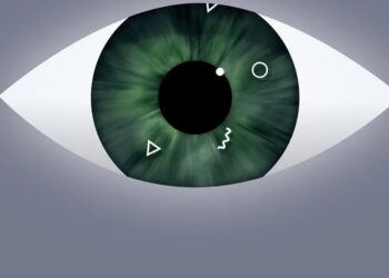 Close-up image of an eye with visible floaters, showing small shadows or shapes drifting across the vision