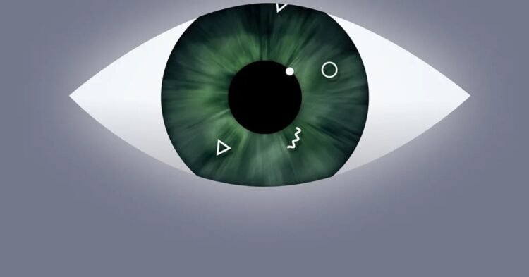 Close-up image of an eye with visible floaters, showing small shadows or shapes drifting across the vision