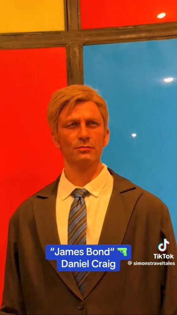 Screenshot of Daniel Craig wax figure from SimonsTravelTales video on TikTok