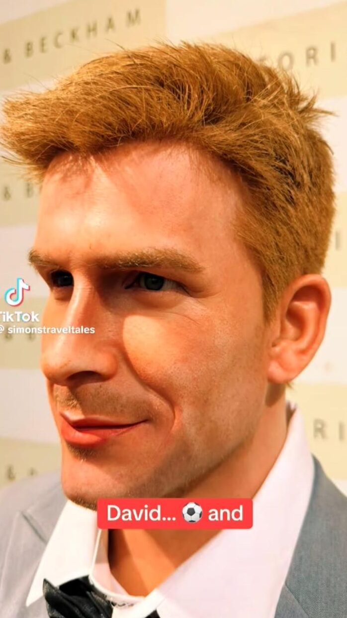 Screenshot of David Beckham wax figure from SimonsTravelTales video on TikTok