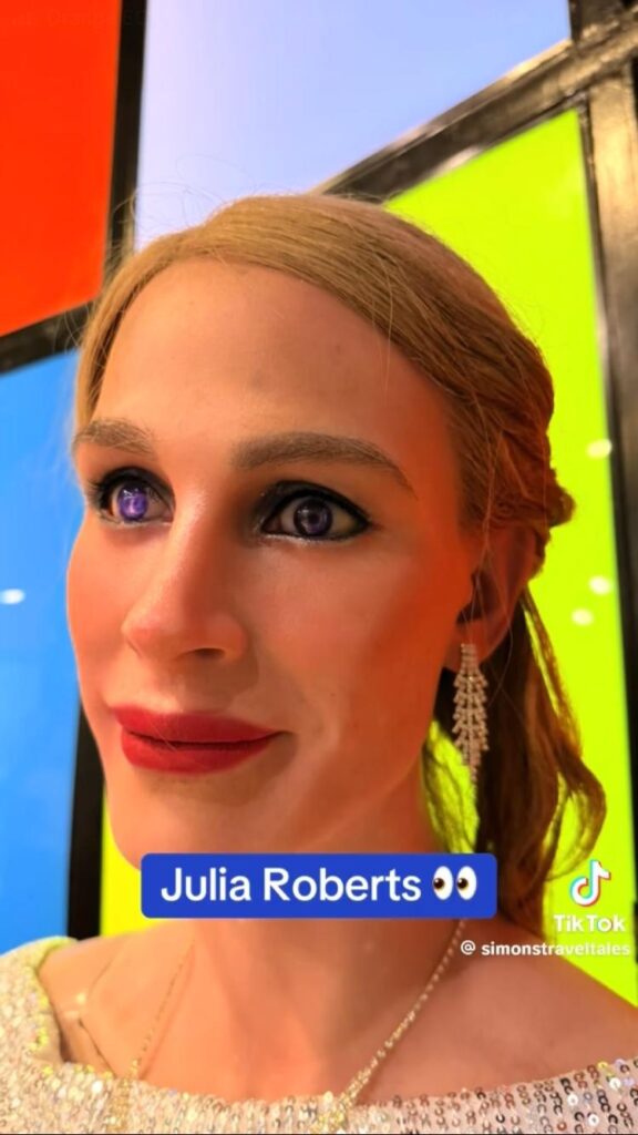 Screenshot of Julia Roberts wax figure from SimonsTravelTales video on TikTok