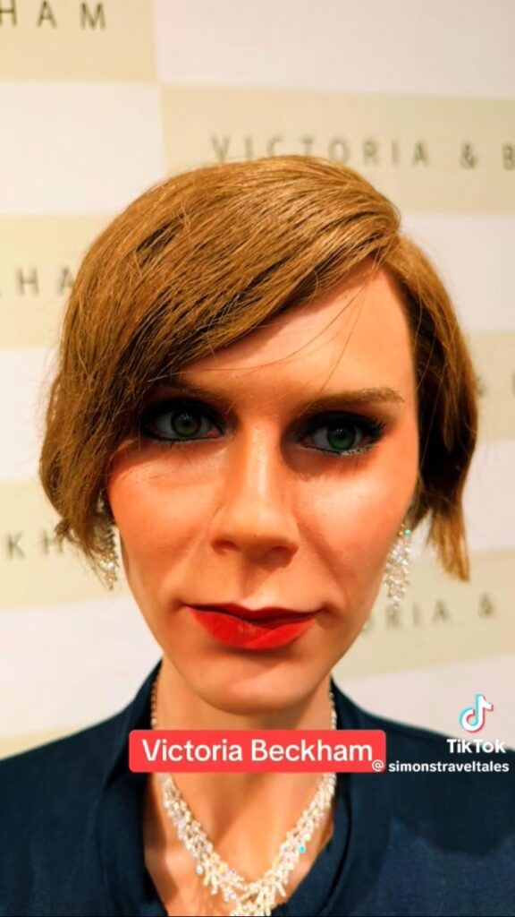 Screenshot of Victoria Beckham wax figure from SimonsTravelTales video on TikTok