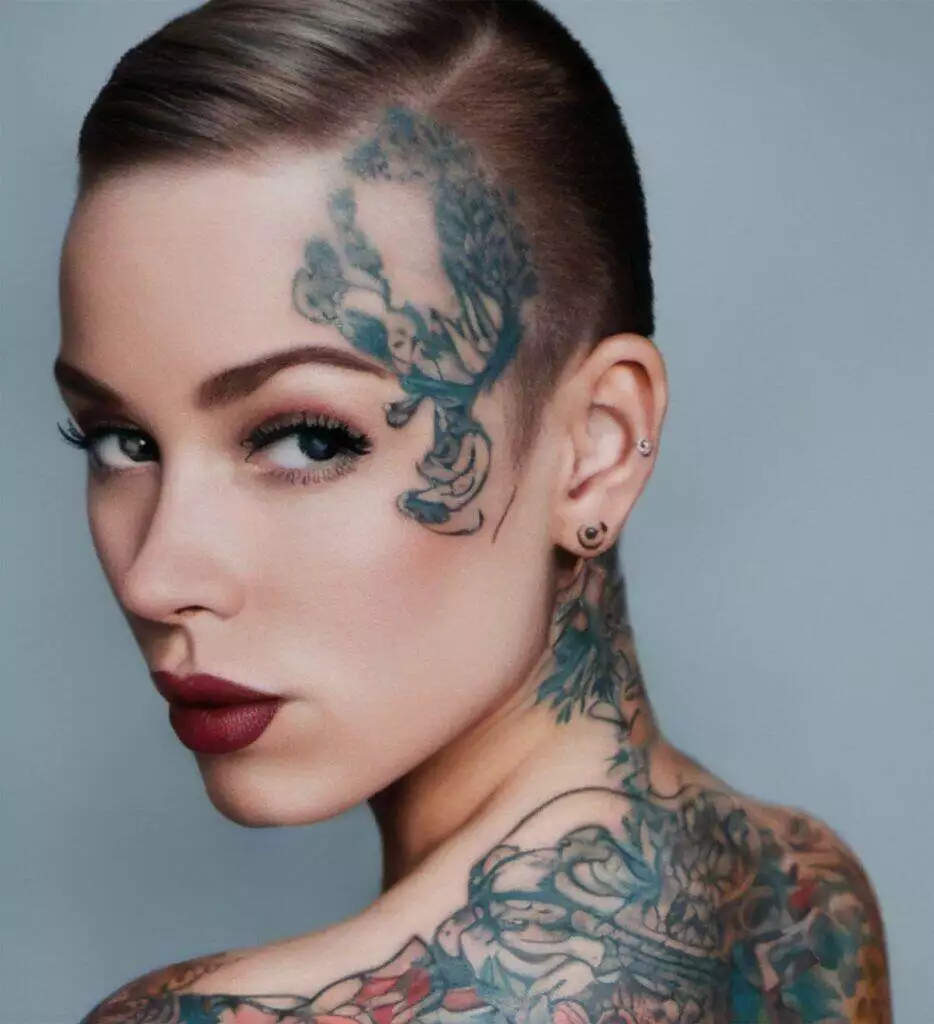 woman, model, face, tattoos, back tattoo, portrait