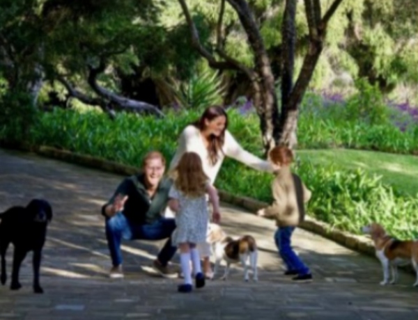 Prince Harry and Meghan Markle with Archie, Lilibet, and the dogs