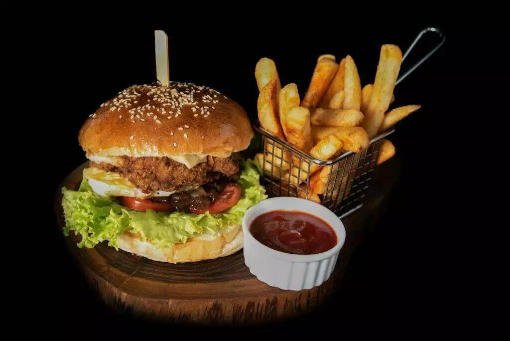 hamburger, fries and ketchup