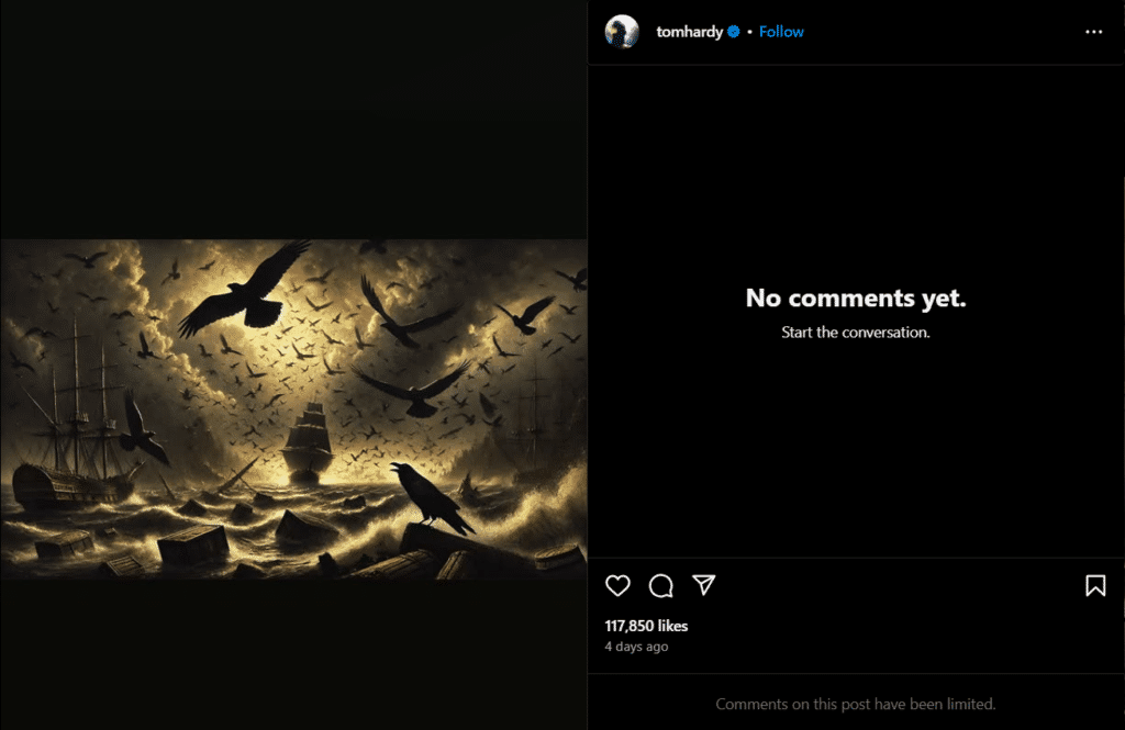 Tom Hardy posting a picture from Taboo on Instagram
