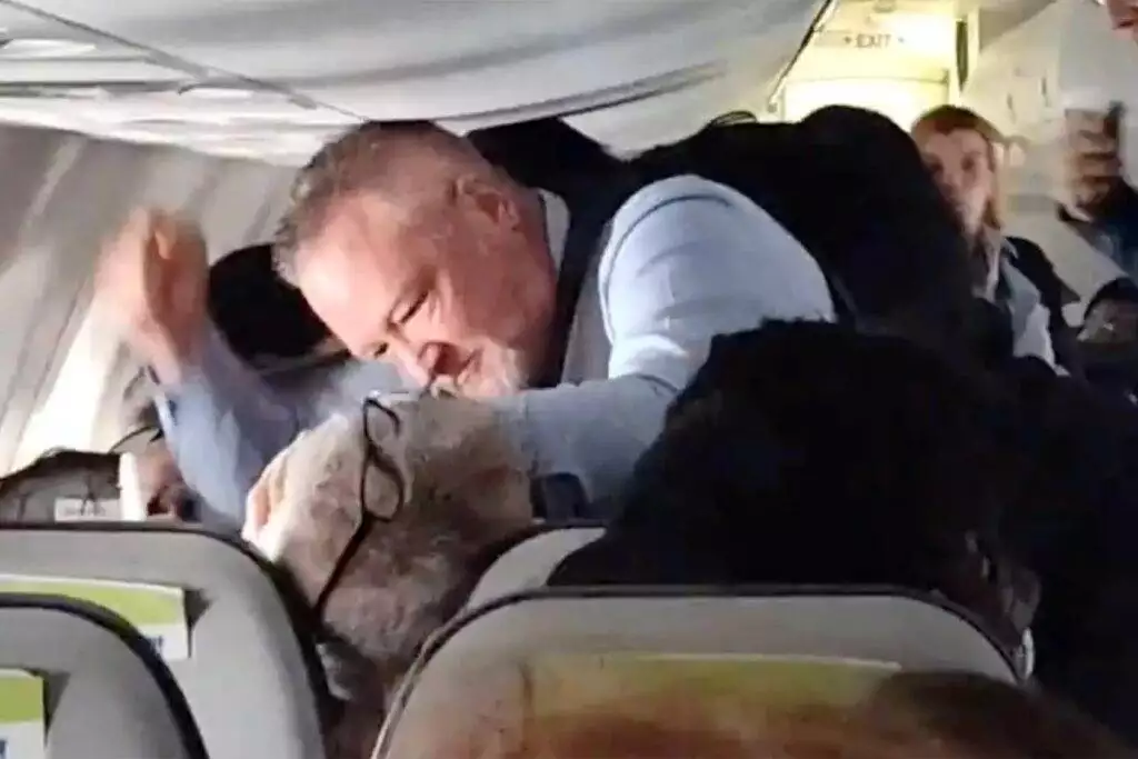 An Alaska Airlines flight attendant punches an unruly passenger in the throat and torso to force him to let go of a woman’s hair.