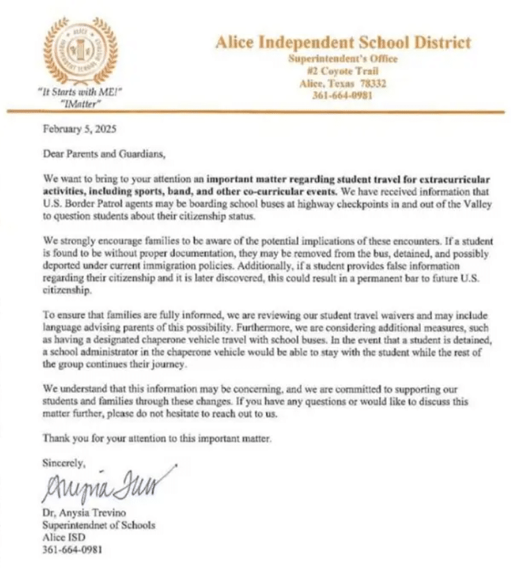 Letter by Alice Independent School District (Facebook/Fox News)