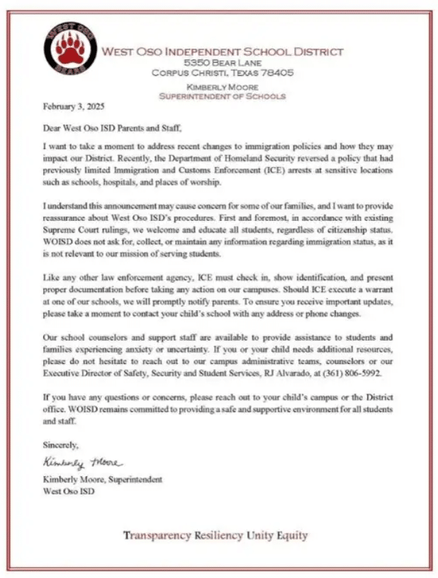 Letter by West Oso ISD (Facebook/Fox News)