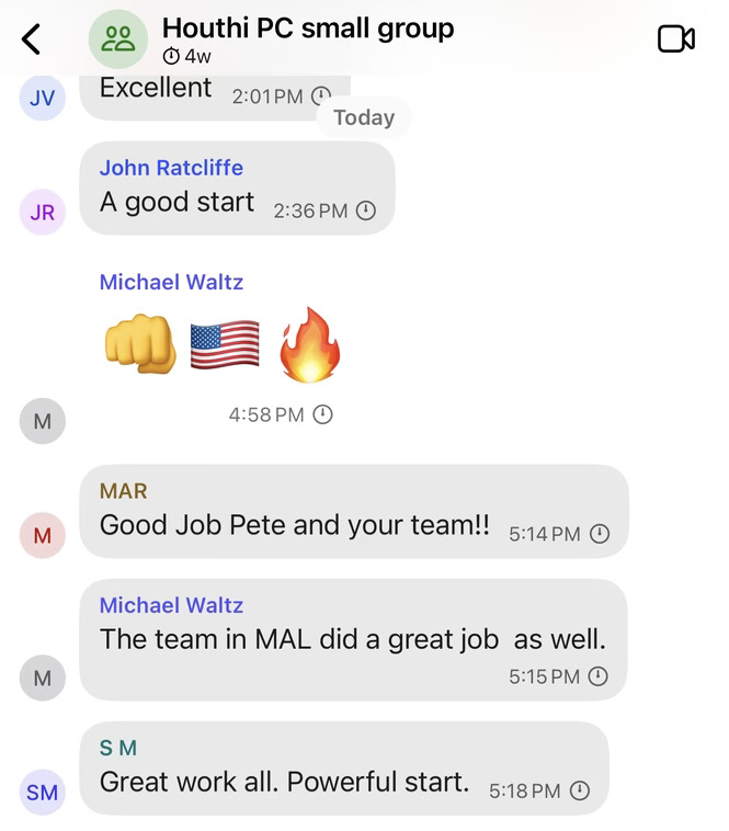 Screenshot from Signal group chat where Goldberg was added, showing reactions to strikes (The Atlantic)