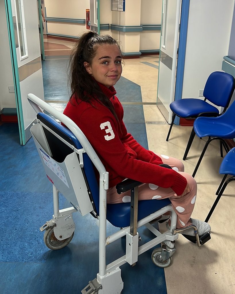 Georgia O’Connor in a hospital chair