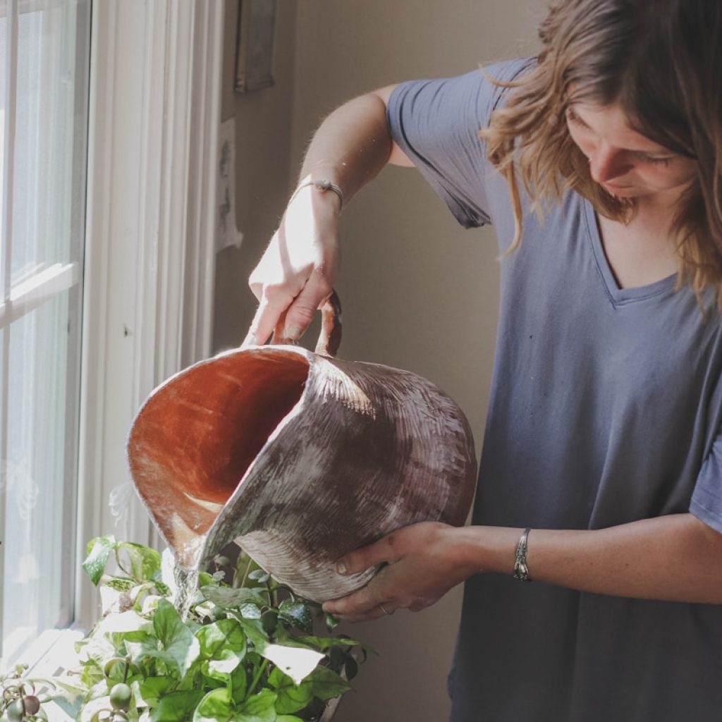 woman watering plant beside window