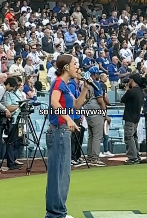 Nezza singing at the Dodgers Game