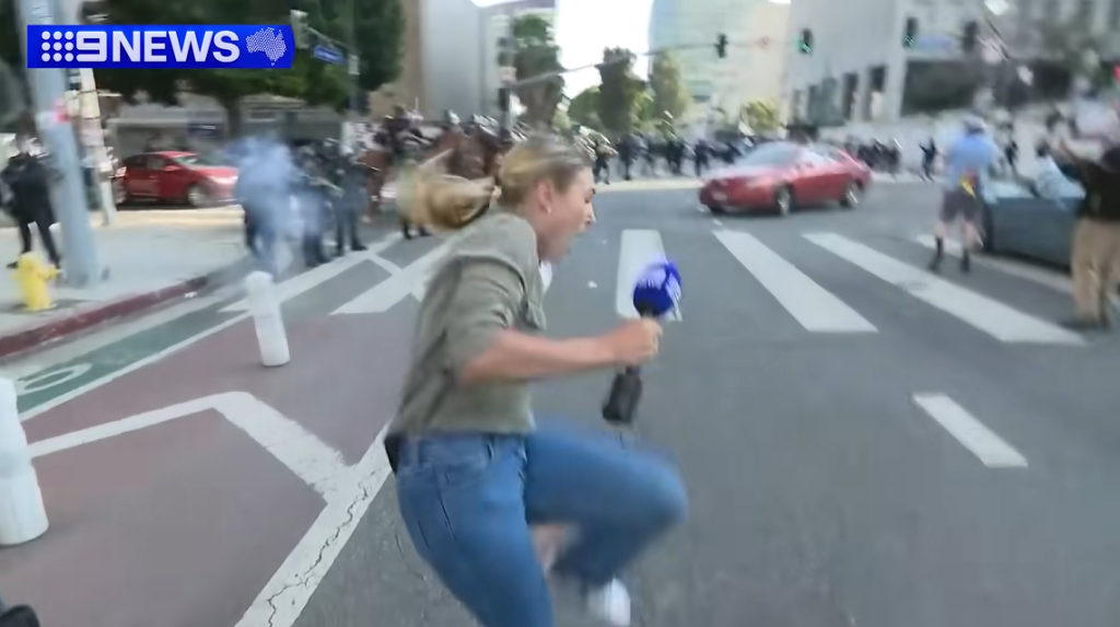 Nine News reporter getting shot with rubber bullet at LA protests
