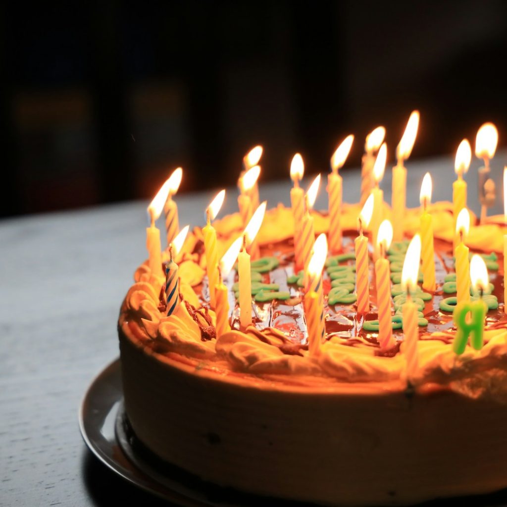 lighted candles on brown cake
