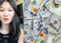 Mia McGrath and dollar pile stock image
