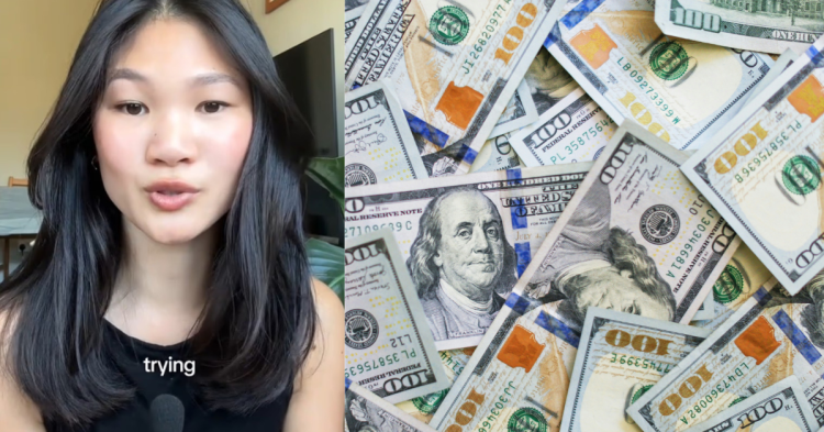 Mia McGrath and dollar pile stock image